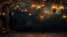 Night Ramadan Themed Background, Traditional Muslim Lanterns Gold Particles And Small Lanterns Hanging - Background On Muslim Theme - Free Space For Text 