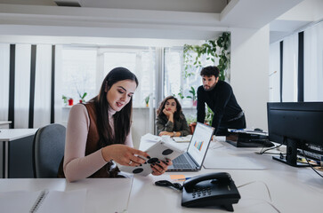 Wall Mural - Focused young professional working on projects in modern office environment.