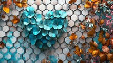 Ethereal Heart In A 3D Mural On Wooden Oak With White Lattice Tiles, Turquoise, Blue, Brown Foliage, Blended Backdrop, Colorful Hexagons, Simple Floral Pattern.
