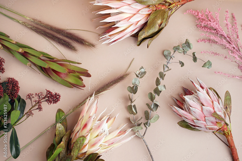 Composition with beautiful pink protea flowers on beige background