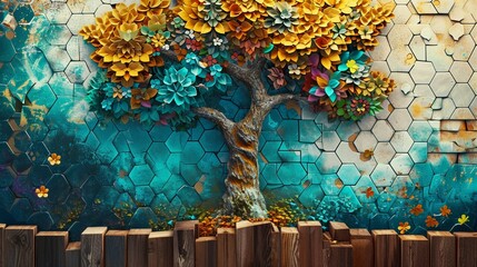 Fantasy-themed 3D mural on wooden oak with white lattice tiles, tree with kaleidoscopic leaves in turquoise, blue, brown, colorful hexagons, floral background.