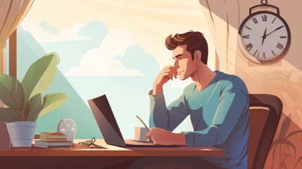 Poster - A busy businessman, surrounded by elegant furniture and a ticking clock, diligently works on his laptop at the table in his office