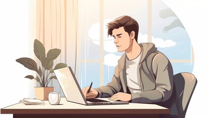 Aufkleber - A stylishly dressed man works diligently at his sleek desk, surrounded by modern furniture and the comforting aroma of freshly brewed coffee, engrossed in his computer as a pile of books sits patient