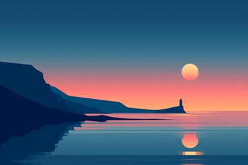 Poster - As the sun sets over the serene lake, the sky glows with hues of orange and pink, casting a peaceful blanket over the still waters, while the moon rises above the distant mountains, creating a pictur
