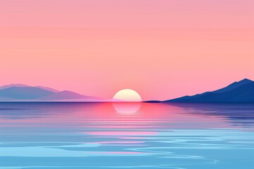 Poster - As the sun dips below the horizon, the tranquil lake reflects the breathtaking hues of the evening sky, framed by majestic mountains and the soothing sound of nature
