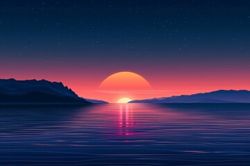 Poster - As the sun sets over the calm lake, the sky is painted with hues of orange and pink, while the stars start to twinkle in the night sky, creating a serene and picturesque landscape with the majestic m
