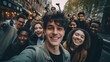 Global smiles: capturing joy in group selfies of cheerful and happy young people diverse nationalities, celebrating unity, friendship, cultural harmony in shared moments of happiness and togetherness.