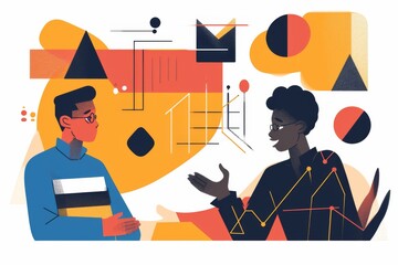 Poster - Two men share a lively conversation as they admire a whimsical cartoon drawing, their vibrant clothing adding to the playful atmosphere of the clipart illustration in this artistic display of graphic