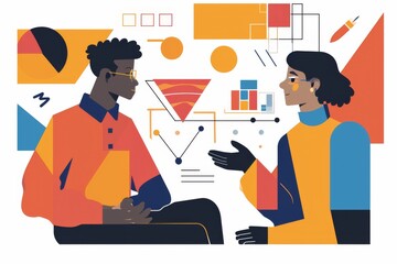 Poster - Two friends engage in a lively conversation, their clothing adorned with playful clipart and bold illustrations, creating a charming blend of graphic design and cartoon art
