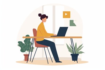 Poster - A creative woman effortlessly balances work and art, surrounded by the comfort of her furniture and the beauty of a flowerpot, as she designs and illustrates on her laptop at the table