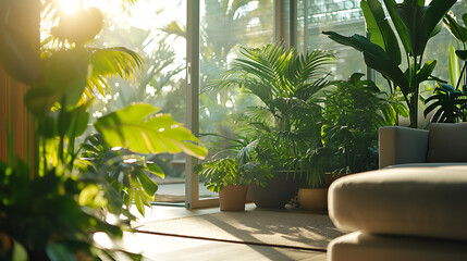  Plantas de casa verde exuberante revestem o interior moderno e elegante de um espaço de vida luminoso