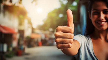 Wall Mural - A woman's hand in focus, expressing approval or giving a like with the thumbs-up gesture