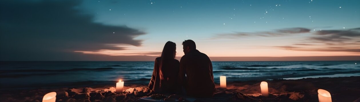 Couple enjoying a romantic beach picnic lit by candles and the soft glow of the moon, valentine’s day vibes, background image, generative AI