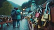 Couples placing love locks on a picturesque bridge, valentine’s day vibes, background image, generative AI