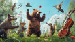 Playful scene of animals engaging in whimsical activities, such as a dancing bear, a juggling squirrel, and a musical bird orchestra, whimsical, animal antics, hd, with copy space