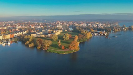 Wall Mural - Aerial drone view Schwerin coastline on foggy autumn morning. High quality 4k footage