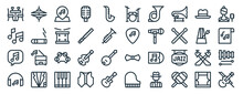 Linear Pack Of Jazz Music Line Icons. Linear Vector Icons Set Such As Hi Hat, Drum Set, Guitar Pick, Song, Headphone, Violin. Vector Illustration.