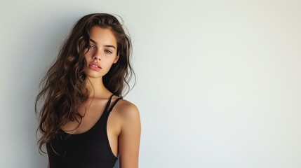 Studio portrait of mixed raced teenage girl wearing black yoga top, brown hair, plain studio background