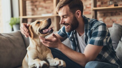 happy people at home with favorite pet , love and friendship of human and animal pragma