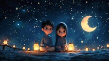 Enchanting Cartoon Of A Boy And Girl Ramadan Night With The Moon Shining Brightly. Seamless Looping Time-lapse Virtual Video Animation Background