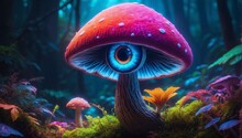 A Mushrooms With Neon Colors With Big Eyes Monster Psychedelic Mushroom Trippy 