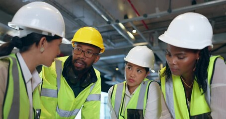 Fototapete - Engineer group, discussion and planning for construction, strategy or project for collaboration, design or diversity. Architect team, men and woman for brainstorming, development or idea in industry