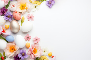 Wall Mural - Easter background with spring flowers and colorful Easter eggs on white surface