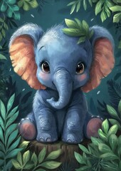 Wall Mural - An adorable baby elephant in a cartoon style on a jungle background. 