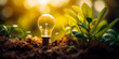 Light bulb holding up a green plant in the ground, in the style of light yellow and dark emerald, radical inventions, serene atmospheres, technological marvels, precise, weathercore, earthy tones.