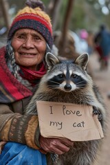 Canvas Print - A raccoon is sitting on a woman's lap holding up a sign, AI