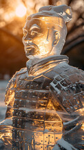 A Single Majestic Terracotta Warrior Ice Sculpture, In A Snowy Field. 