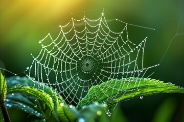 Wall Mural - Delicate spider s web  intricate patterns with dewdrops, glistening in sunlight.