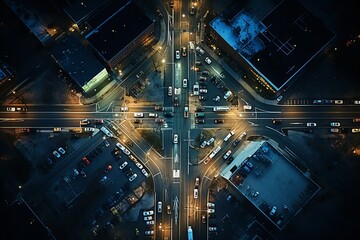 Wall Mural - Vibrant city intersection at night with bright lights and busy traffic in aerial view