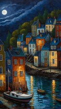boat harbor night full moon sunlight houses street lanterns shining built steep hill nouveau colored villages