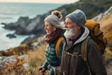 Fototapeta  - senior couple hiking near ocean