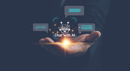 Poster - ai technology, businessman show virtual graphic global internet connect chat with ai, artificial int