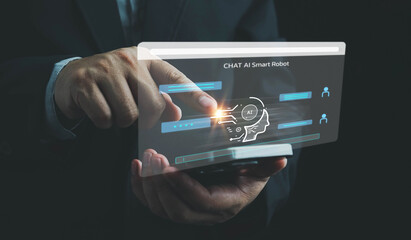 Poster - ai technology, businessman show virtual graphic global internet connect chat with ai, artificial int