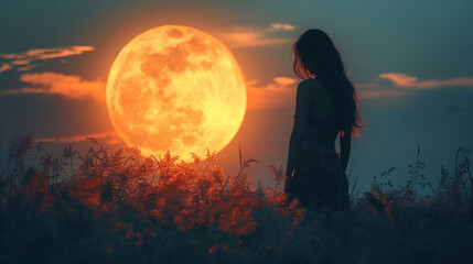 Wall Mural - a beautiful woman silhouette in front of huge moon. AI generative