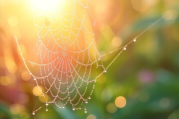 Wall Mural - Close up of intricate spider s web glistening with vibrant dewdrops, illuminated by bright sunlight.