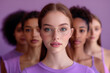 Group of interracial women on a purple color background, Women's Day, women of different ethnicities and skin tones, determined and leading in equality, independent and feminist