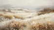 tranquil winter scene showcases a snow-covered field under an overcast sky. The soft light of a cloudy day, untouched snow, solitude and quiet of the rural landscape, Frosty wildflowers