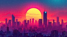 City Skyline At Sunset Illustration, Retro 90s City Background Vector Silhouette Generative AI