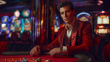 Fototapeta Londyn - An elegant man in a business suit sits in a casino, a man plays in a casino, Casino background