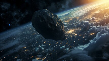 Wall Mural - meteorite falling, a huge gigantic asteroid is threatening to hit planet earth. generative ai