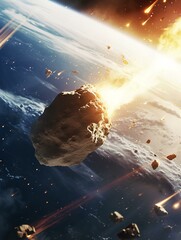 Wall Mural - meteorite falling, a huge gigantic asteroid is threatening to hit planet earth. generative ai