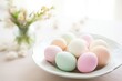 Soft Pastel Easter Eggs on a Porcelain Plate. Generative AI.