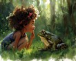 girl frog woods cute light skinned african young inspiration storybook design eyes open wonder animal beautifully dialogue