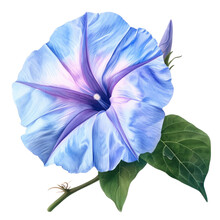 Watercolor Illustration Of A Blue Morning Glory Flower, Transparent Background (PNG)