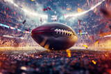 Fototapeta Sport - Super Bowl Nightfall. A glistening football lies amidst a field of confetti, basking in the radiant glow of stadium lights