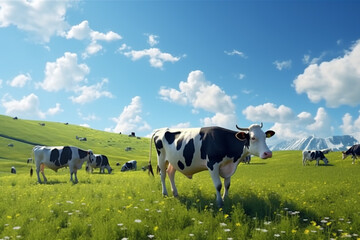 Cows graze on a green meadow in summer